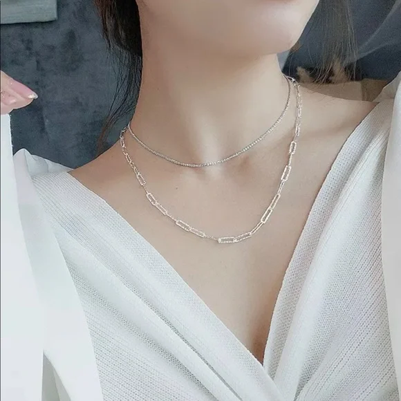 S925 2PC/SET SPARKLING CHAIN CHOKER NECKLACE - Picture 9 of 16